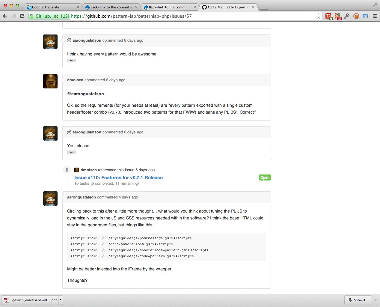 An example of comments in github